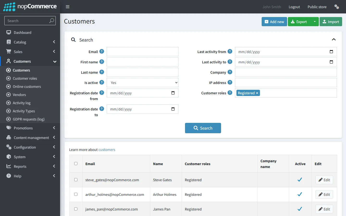 The Customers list in the nopCommerce 5.00 admin area with its search filters, including customer role.