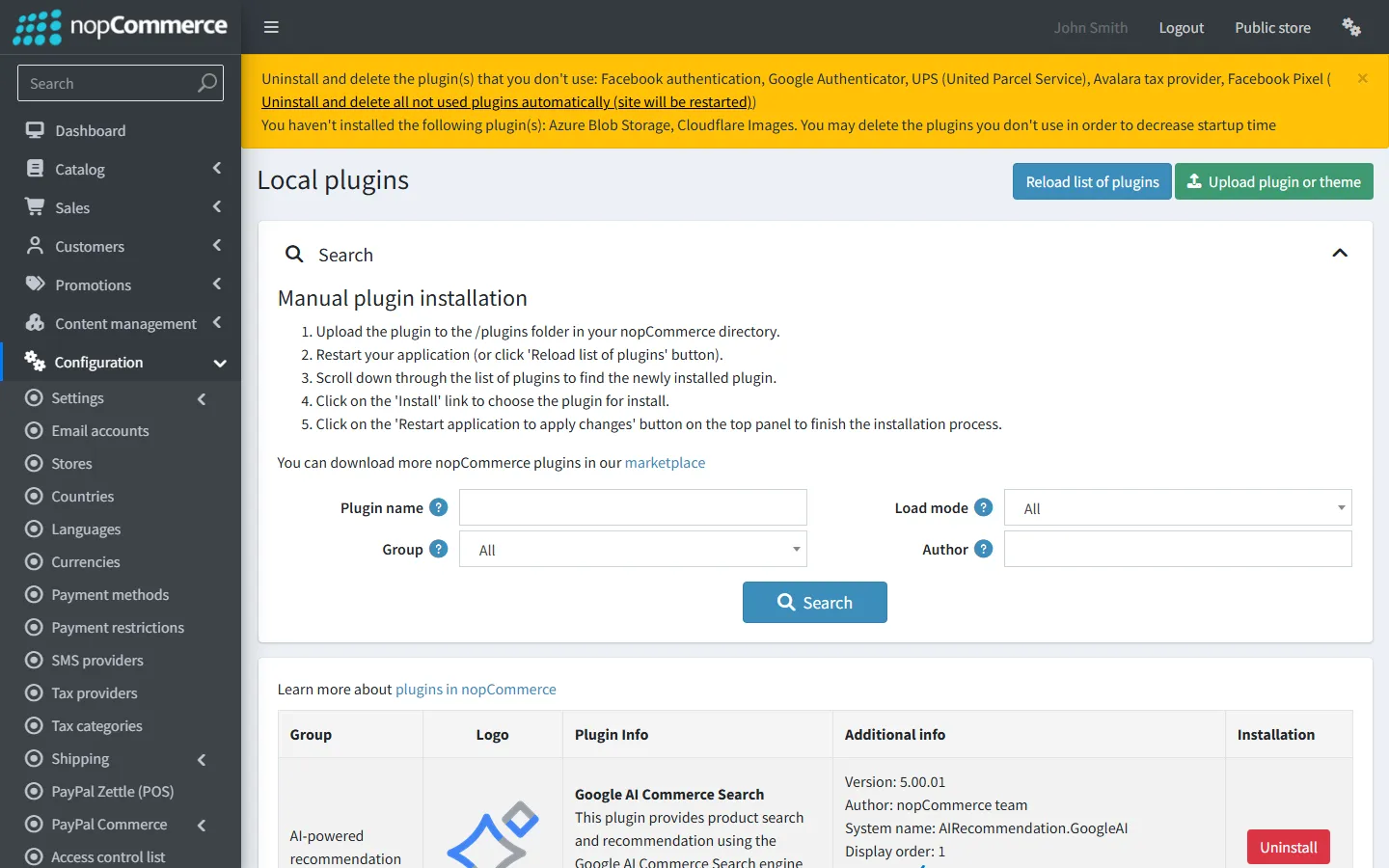 The Configuration → Local plugins page in the nopCommerce 5.00 admin area, listing installed plugins with version, author and install state.