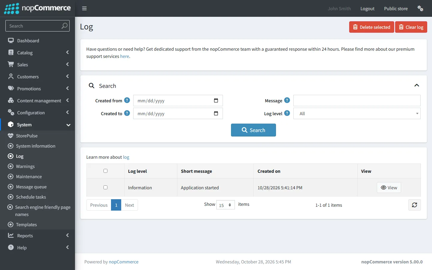 The System → Log page in the nopCommerce 5.00 admin area with search filters and the log list.