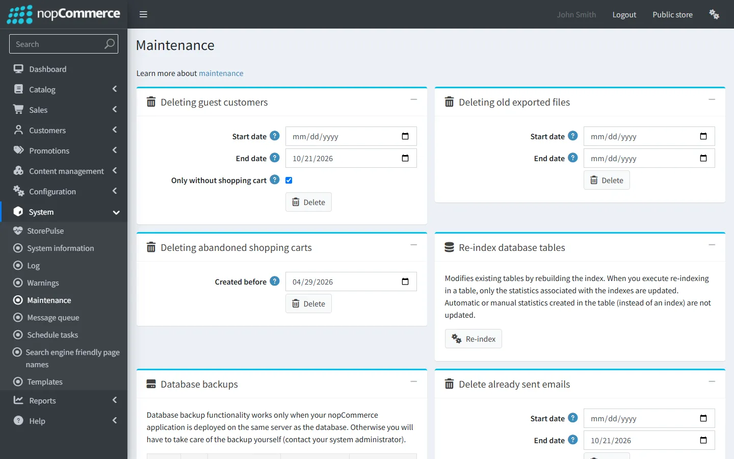 The System → Maintenance page in the nopCommerce 5.00 admin area: deleting guest customers, old exported files, abandoned carts and sent emails, and re-indexing tables.