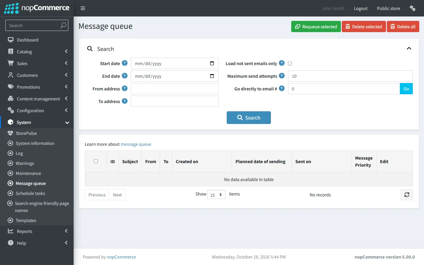 The System → Message queue page in the nopCommerce 5.00 admin area, with filters for unsent emails and send attempts, and the Requeue and Delete buttons.