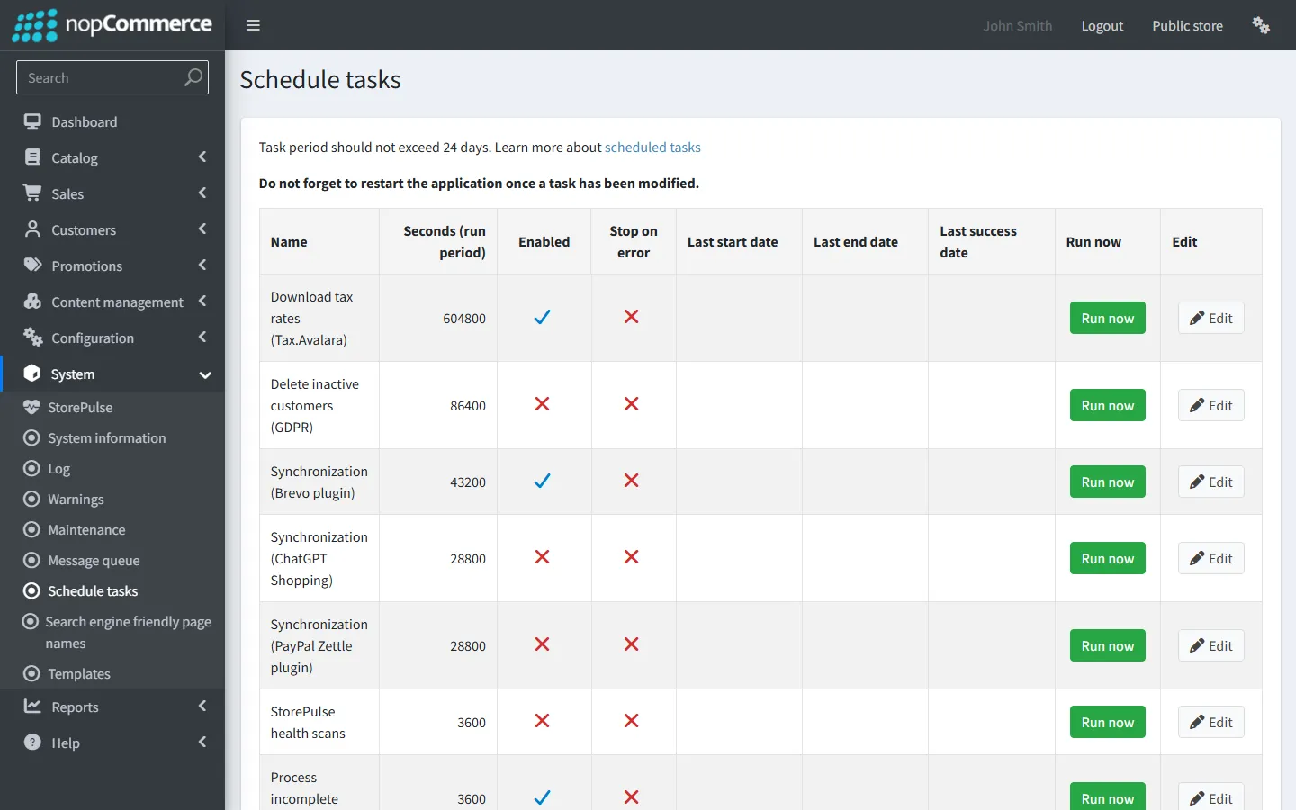 The System → Schedule tasks page in the nopCommerce 5.00 admin area, listing each task with its run period, enabled state, last run dates and Run now buttons.