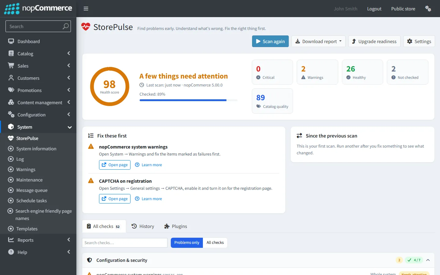 StorePulse dashboard in the nopCommerce 5.00 admin area: health score 98, two warnings (system warnings and CAPTCHA on registration) and the list of checks.