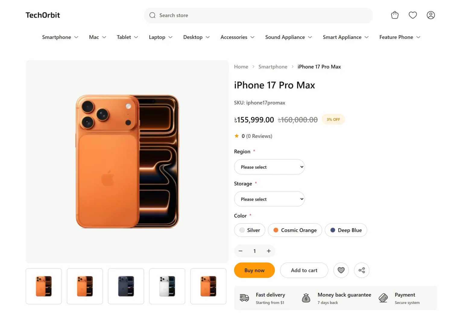 TechOrbit product page for an iPhone with an image gallery, price and discount badge, region and storage selectors, color swatches, and Buy now and Add to cart buttons