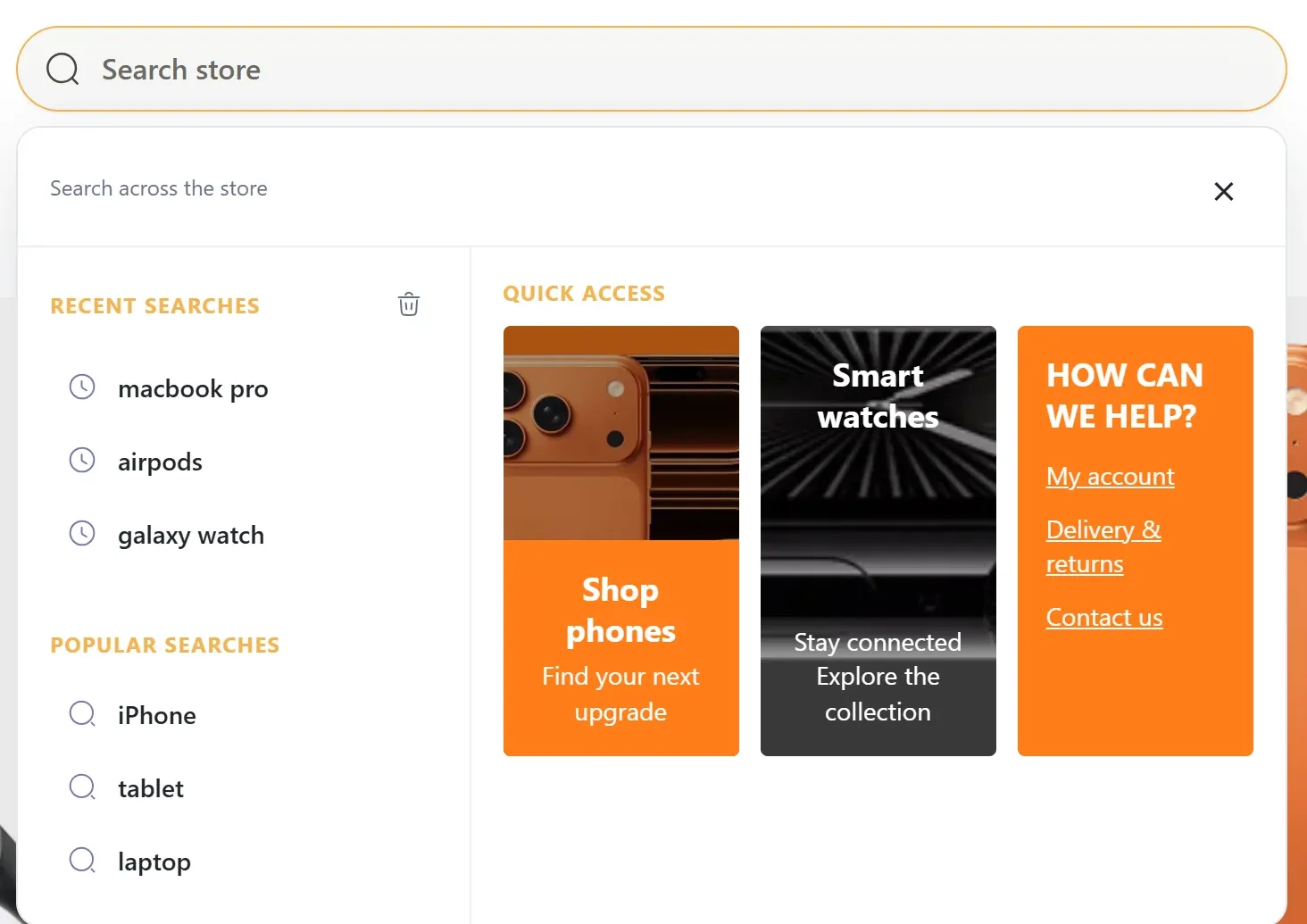 Search panel open before typing: recent searches and popular searches on the left, and three quick-access cards on the right for phones, smart watches and help links