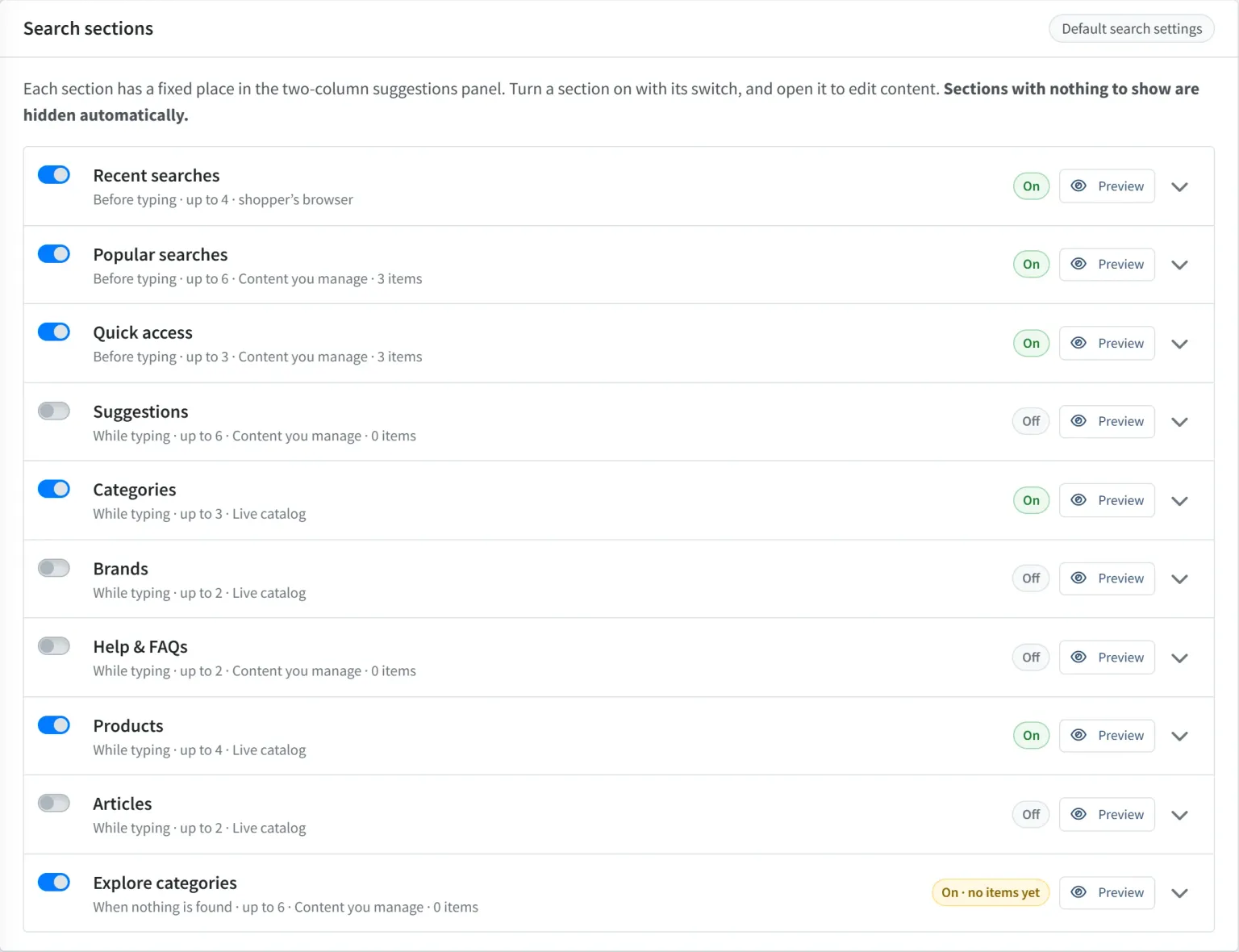Search sections card in nopCommerce admin listing all ten sections with on/off switches, when each appears, its item limit and content source, a status badge and a Preview button