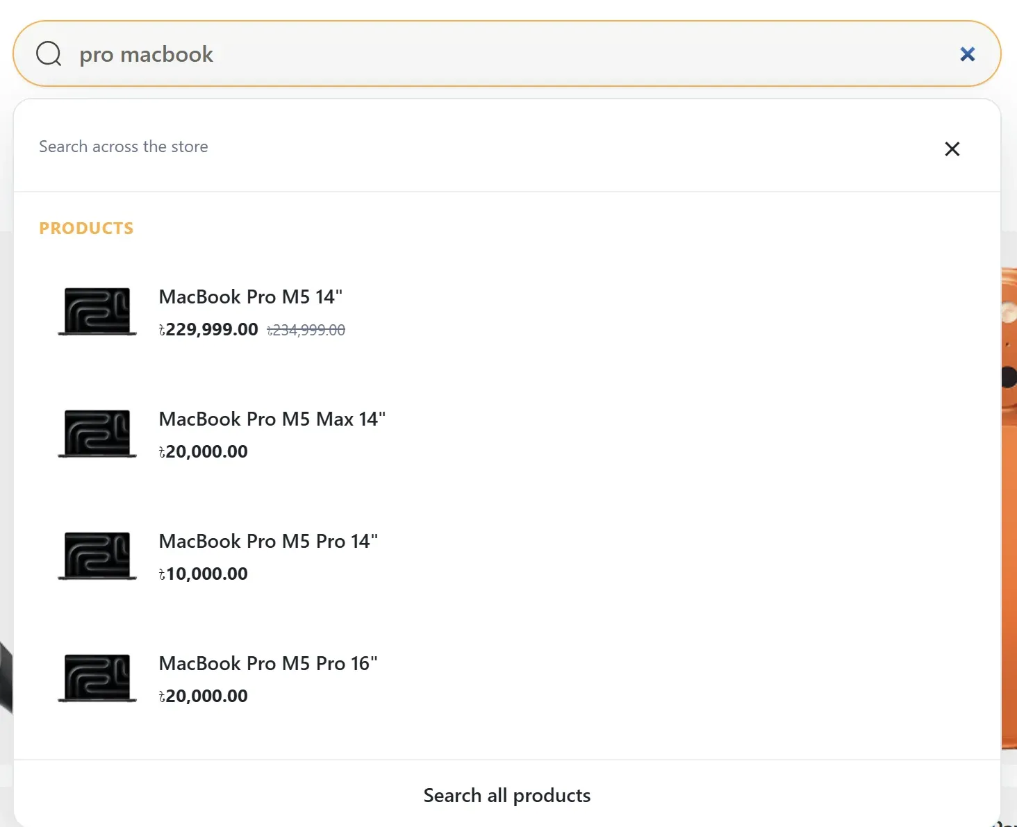 Search for "pro macbook" in reverse word order finds MacBook Pro M5 models with images and prices