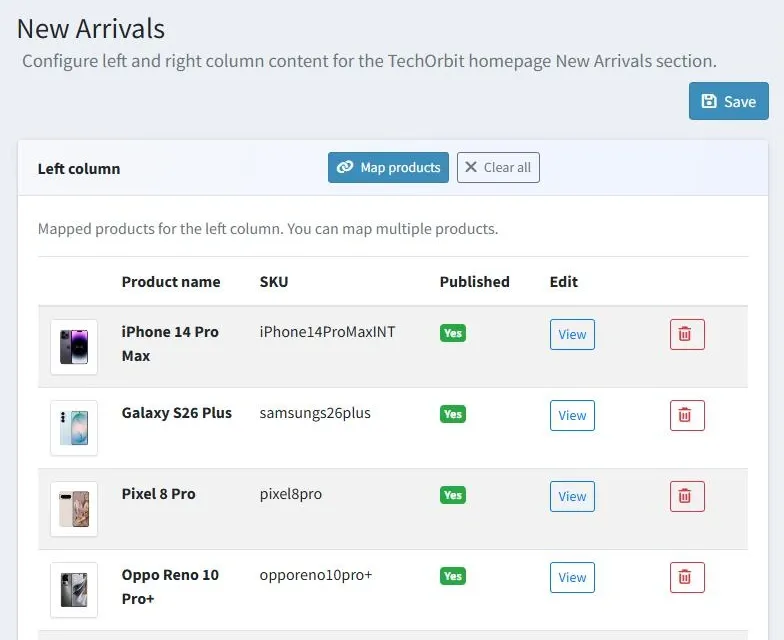 New Arrivals admin page listing mapped catalog products with thumbnails, SKUs and published status, plus Map products and Clear all buttons