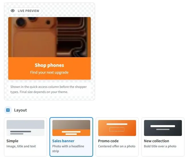 Quick-access card builder with a live preview of the Shop phones card and layout choices: Simple, Sales banner, Promo code, New collection, Help links and Custom