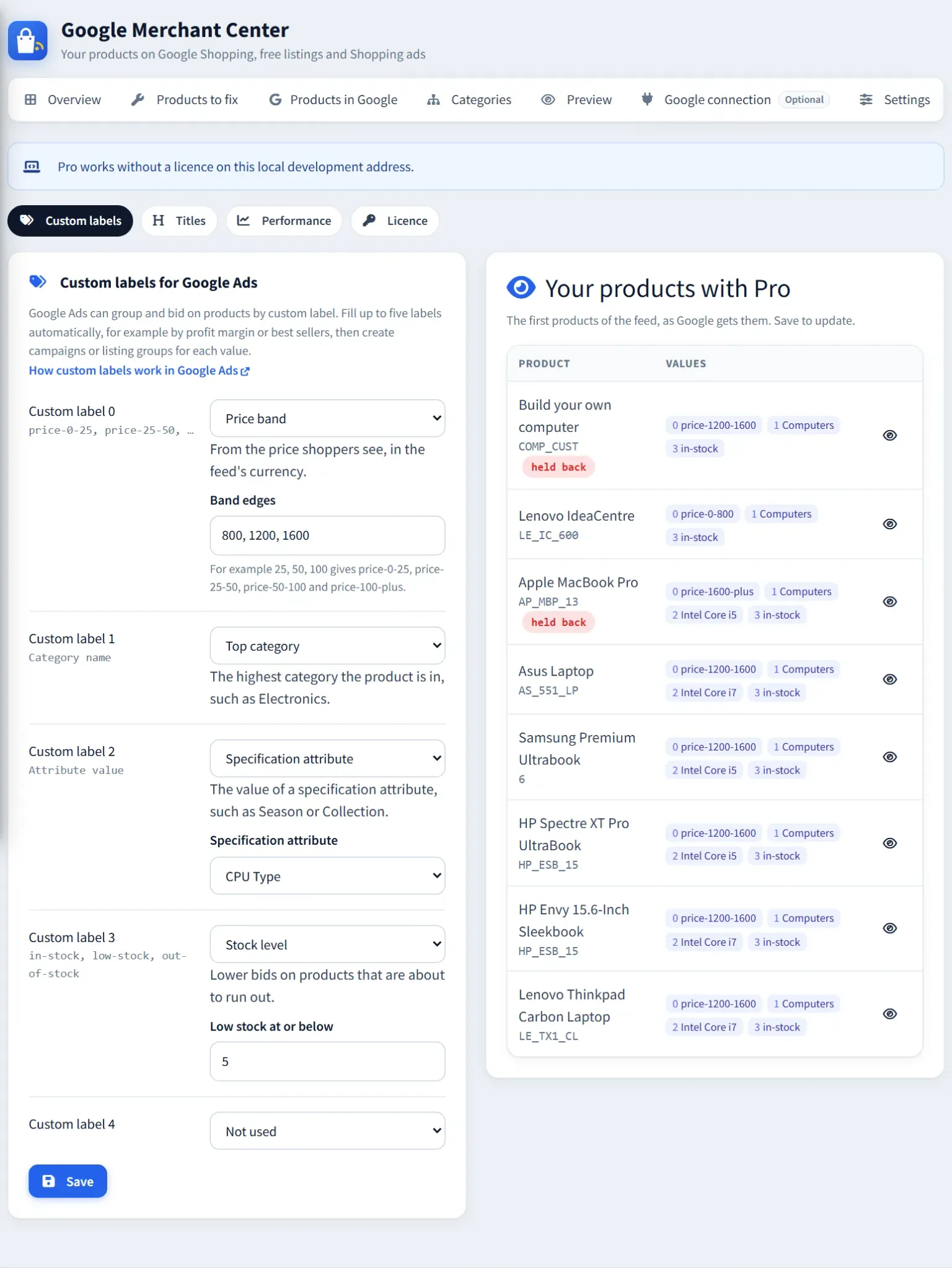 Custom labels page in nopCommerce admin: label 0 from price bands, label 1 from the top category, label 2 from the CPU Type specification attribute and label 3 from stock level, with a preview of the store’s own products and the label values each one gets, such as price-1200-1600, Computers, Intel Core i7 and in-stock