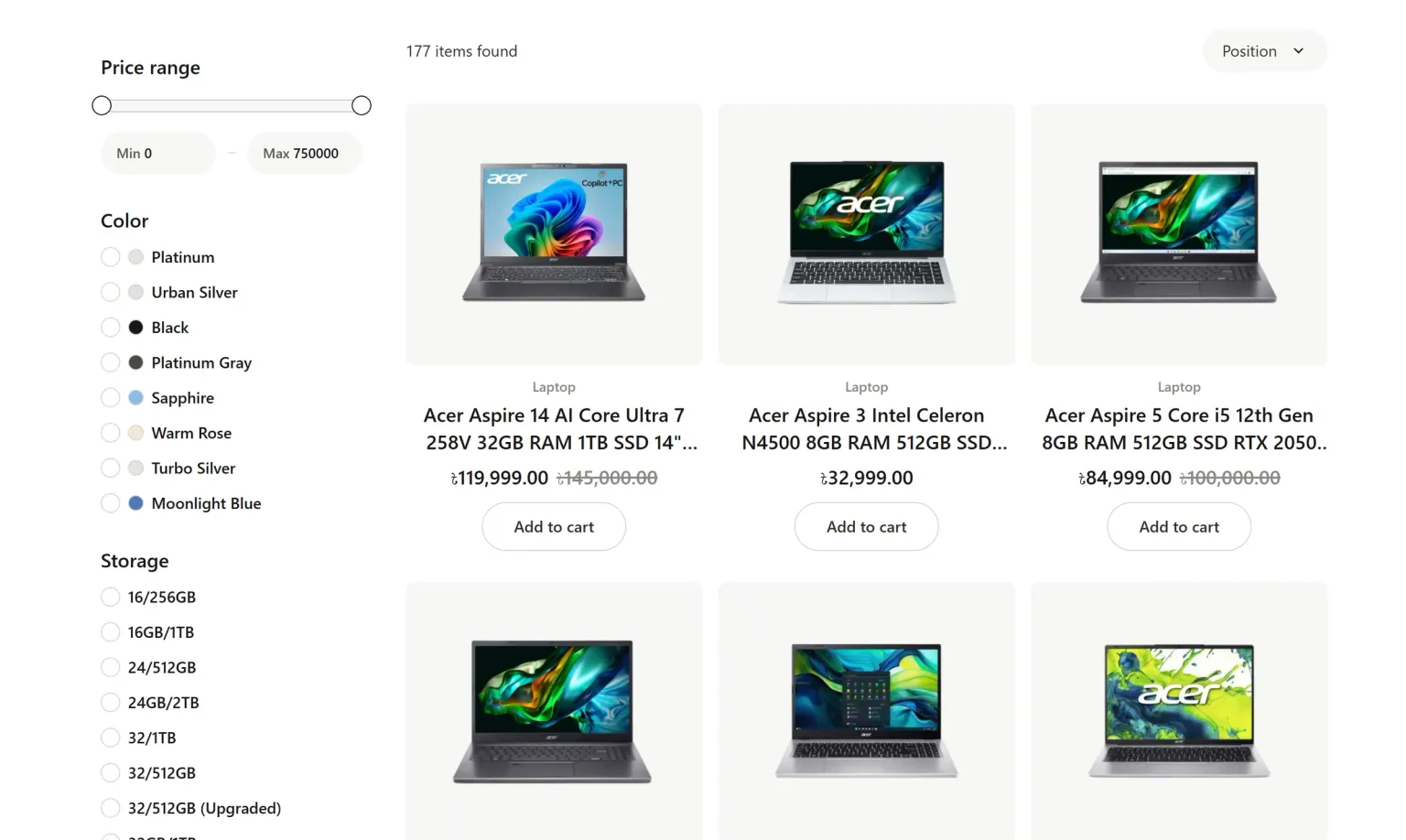 TechOrbit laptop category page with price range, color and storage filters beside a three-column product grid showing sale prices and Add to cart buttons