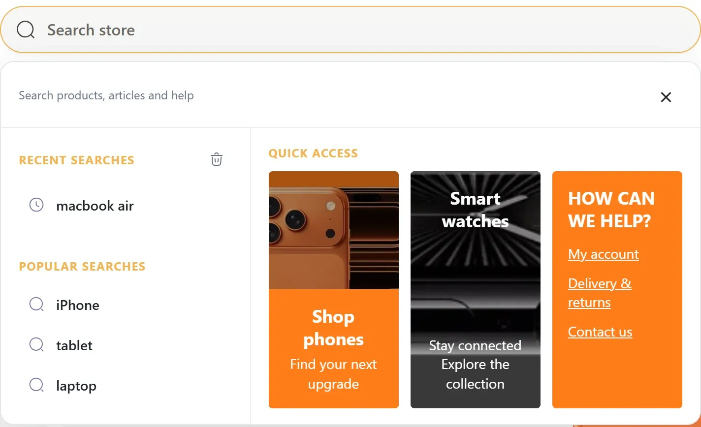 Advanced Search panel before typing: recent and popular searches on the left, and three quick-access cards on the right — a phone card with an orange headline strip, a smartwatch image card with overlaid text and an orange help card with links