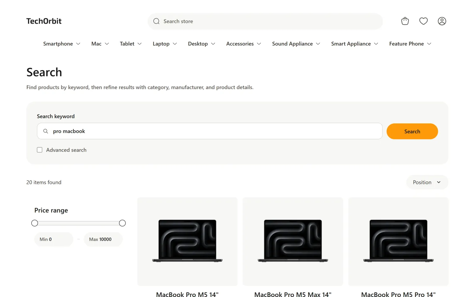 nopCommerce search results page for "pro macbook" showing 20 items found, ranked by the plugin, with nopCommerce’s own price filter and Position sorting