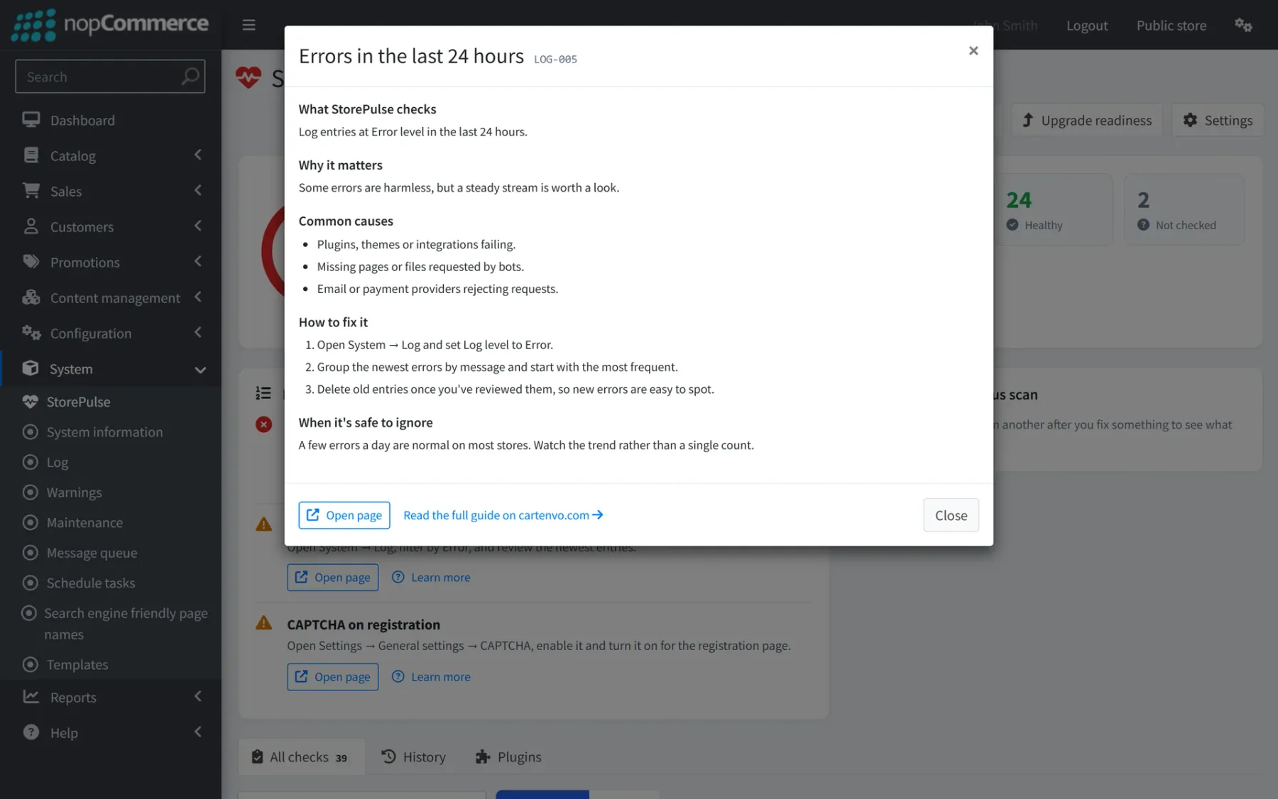 StorePulse help popup for “Errors in the last 24 hours”, listing what the check looks at, why it matters, common causes, numbered steps to fix it and when it’s safe to ignore.