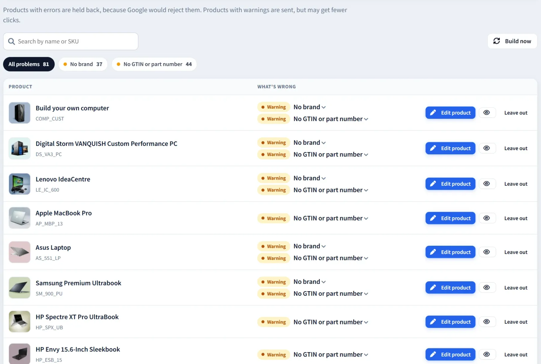 Products to fix: 81 problems filtered by type (no brand 37, no GTIN or part number 44), each product with its picture, SKU, warnings and Edit product, preview and Leave out buttons